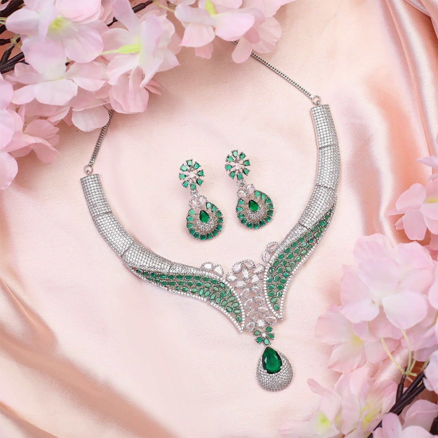 Glamour's Floral AD Stone Statement Necklace Set with Earrings