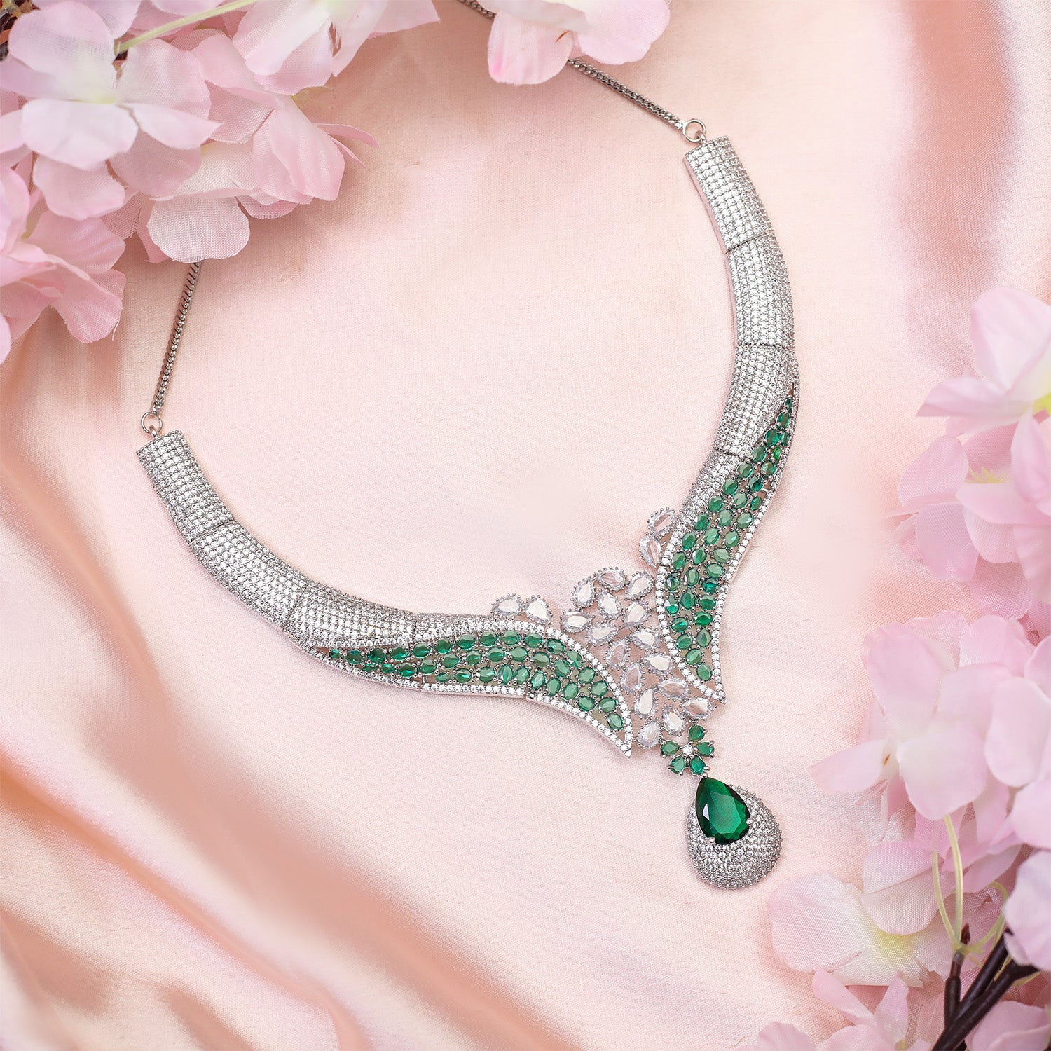 Glamour's Floral AD Stone Statement Necklace Set with Earrings
