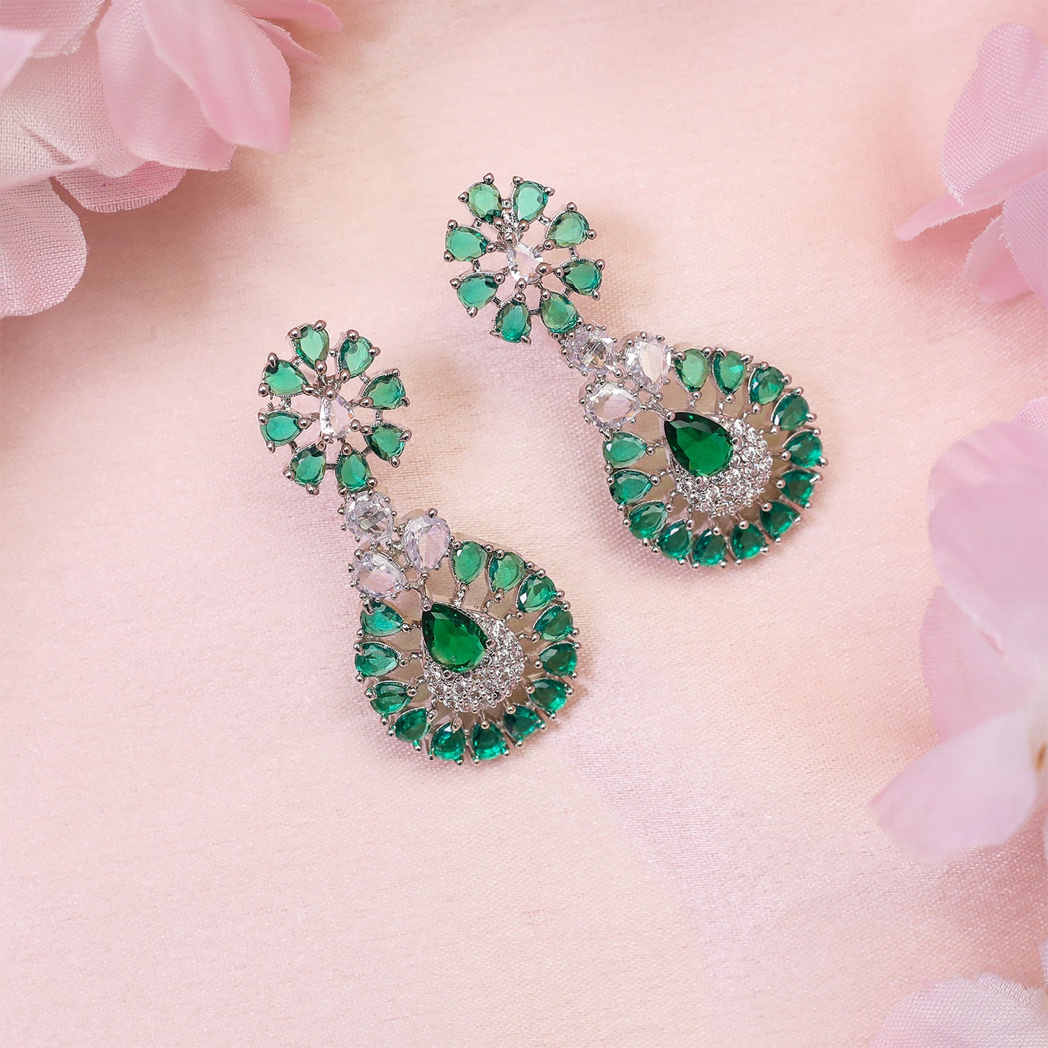 Glamour's Floral AD Stone Statement Necklace Set with Earrings
