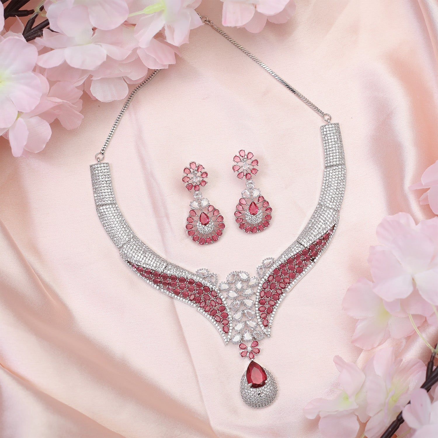 Glamour's Floral AD Stone Statement Necklace Set with Earrings