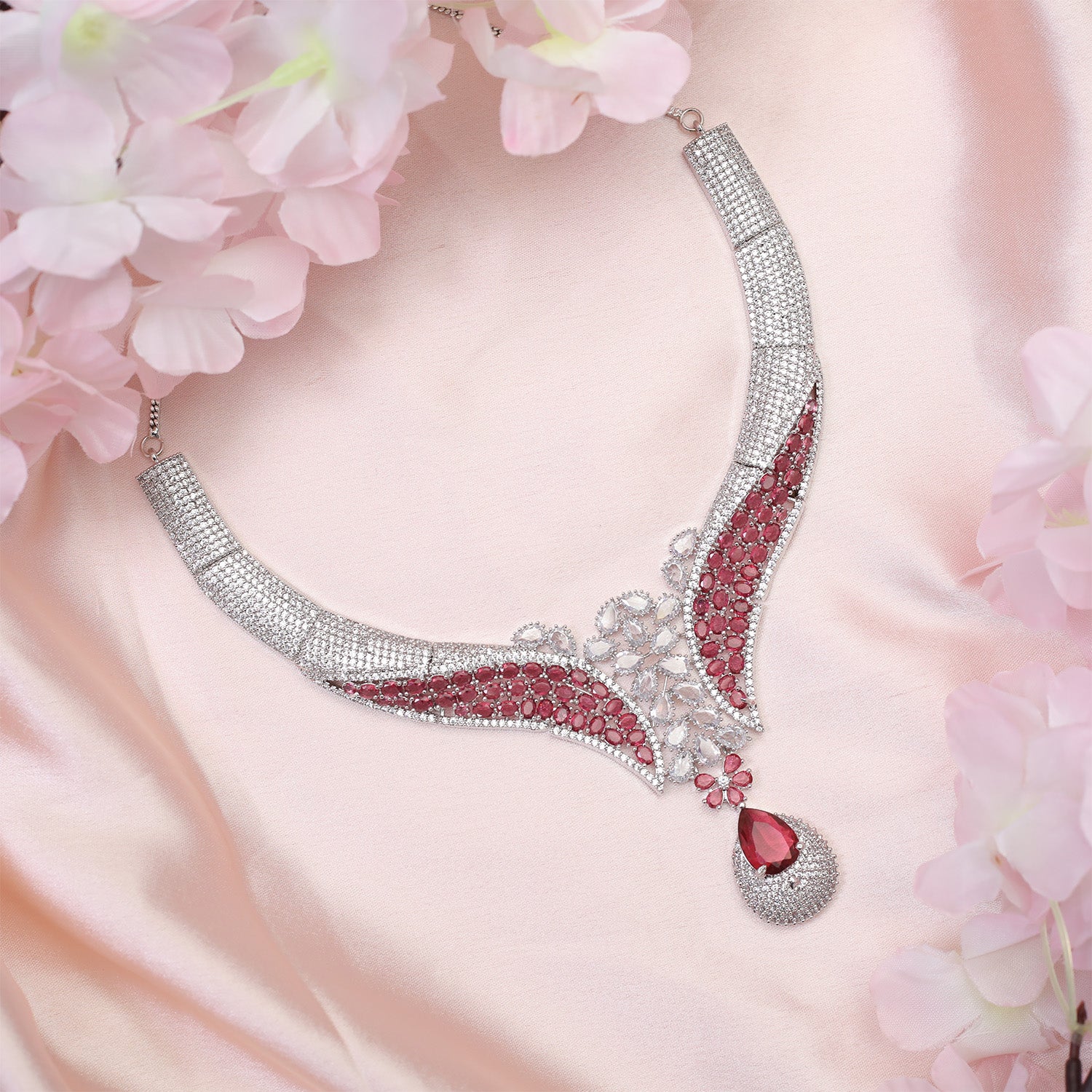 Glamour's Floral AD Stone Statement Necklace Set with Earrings