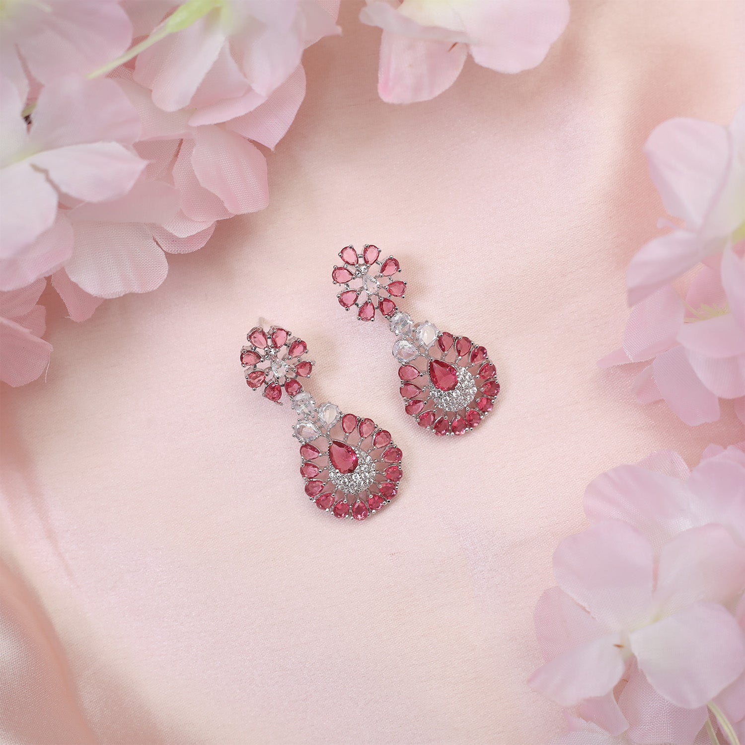 Glamour's Floral AD Stone Statement Necklace Set with Earrings