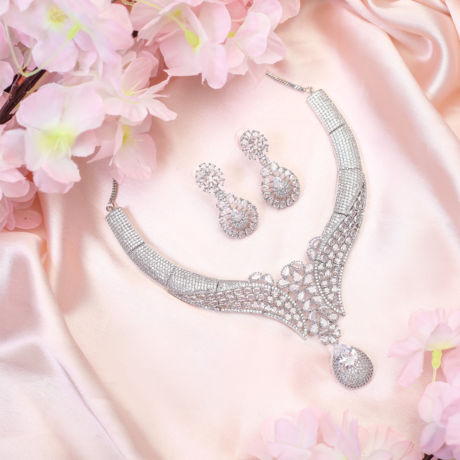 Glamour's Floral AD Stone Statement Necklace Set with Earrings