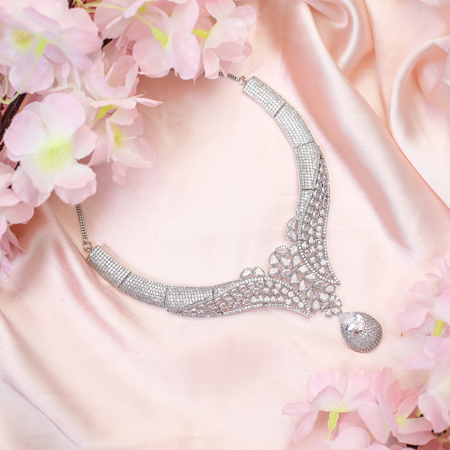 Glamour's Floral AD Stone Statement Necklace Set with Earrings
