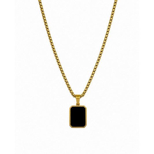 Black Onyx Rectangular Pendant With Golden Tone Chain For Men & Boys
