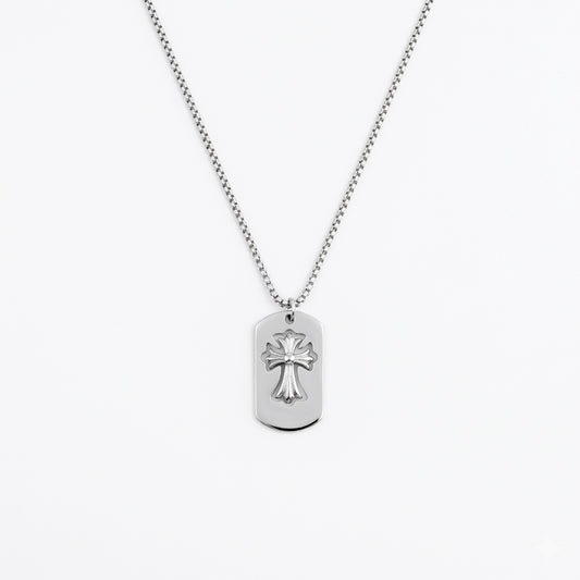 Chrome Cross Dog Tag Brass Pendant With Stainless Steel Chain For Men & Boys