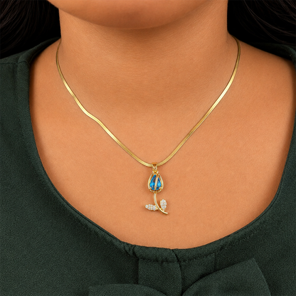 CZ Stone Centerpiece & Crystal Accented Leaves Tulip Pendant for Girls & Women