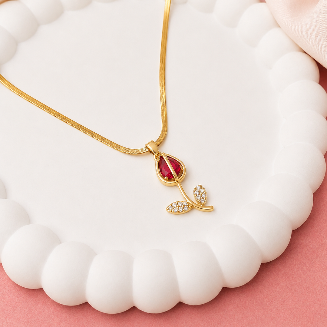 CZ Stone Centerpiece & Crystal Accented Leaves Tulip Pendant for Girls & Women