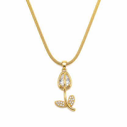CZ Stone Centerpiece & Crystal Accented Leaves Tulip Pendant for Girls & Women