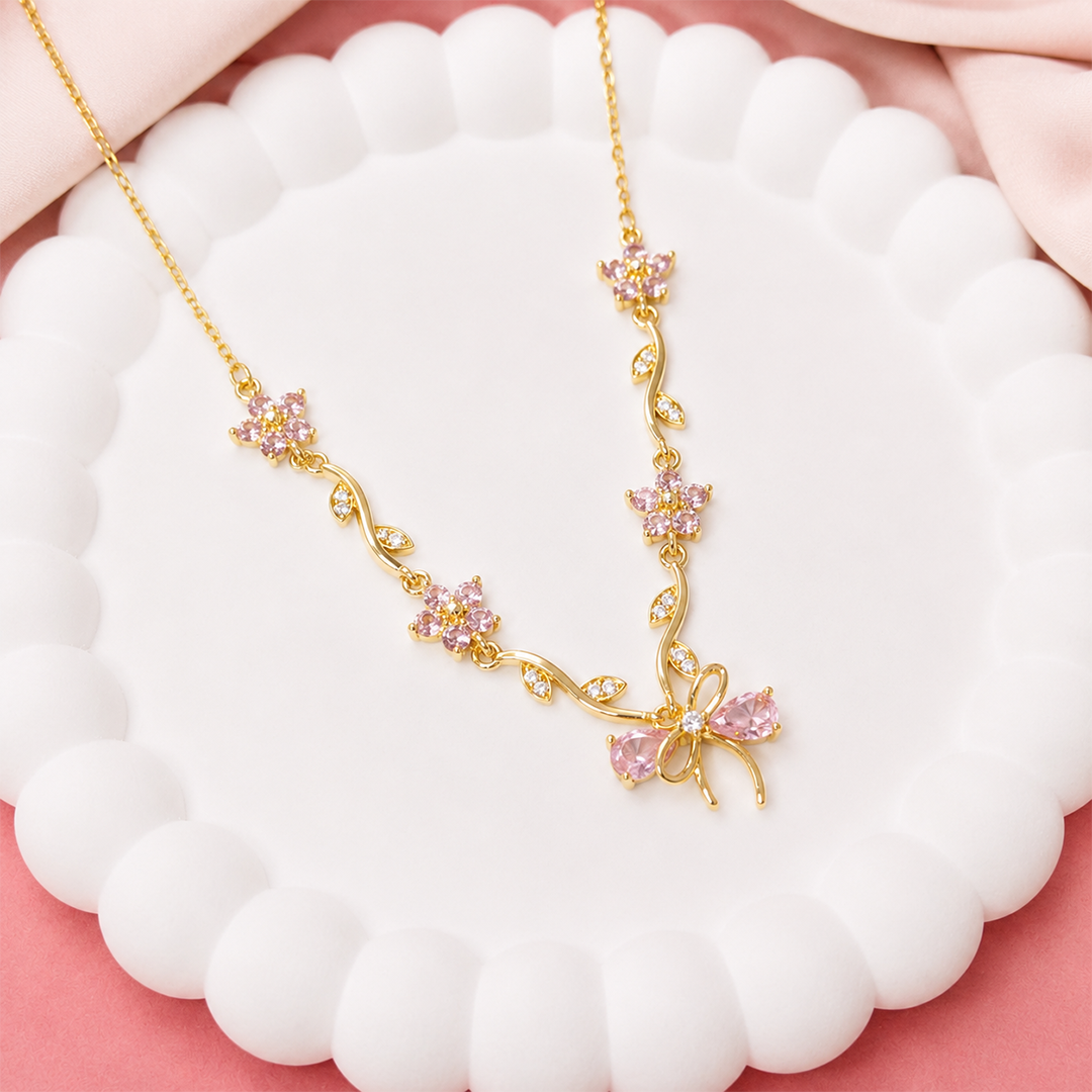 Cherry Blossom Ribbon Bow Tulip Floral Pendant for Girls & Women's