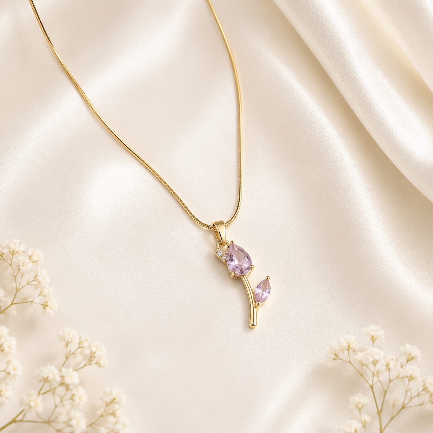 Tulip CZ Teardrop One Leaf Flower Pendant Necklace For Girls & Women's
