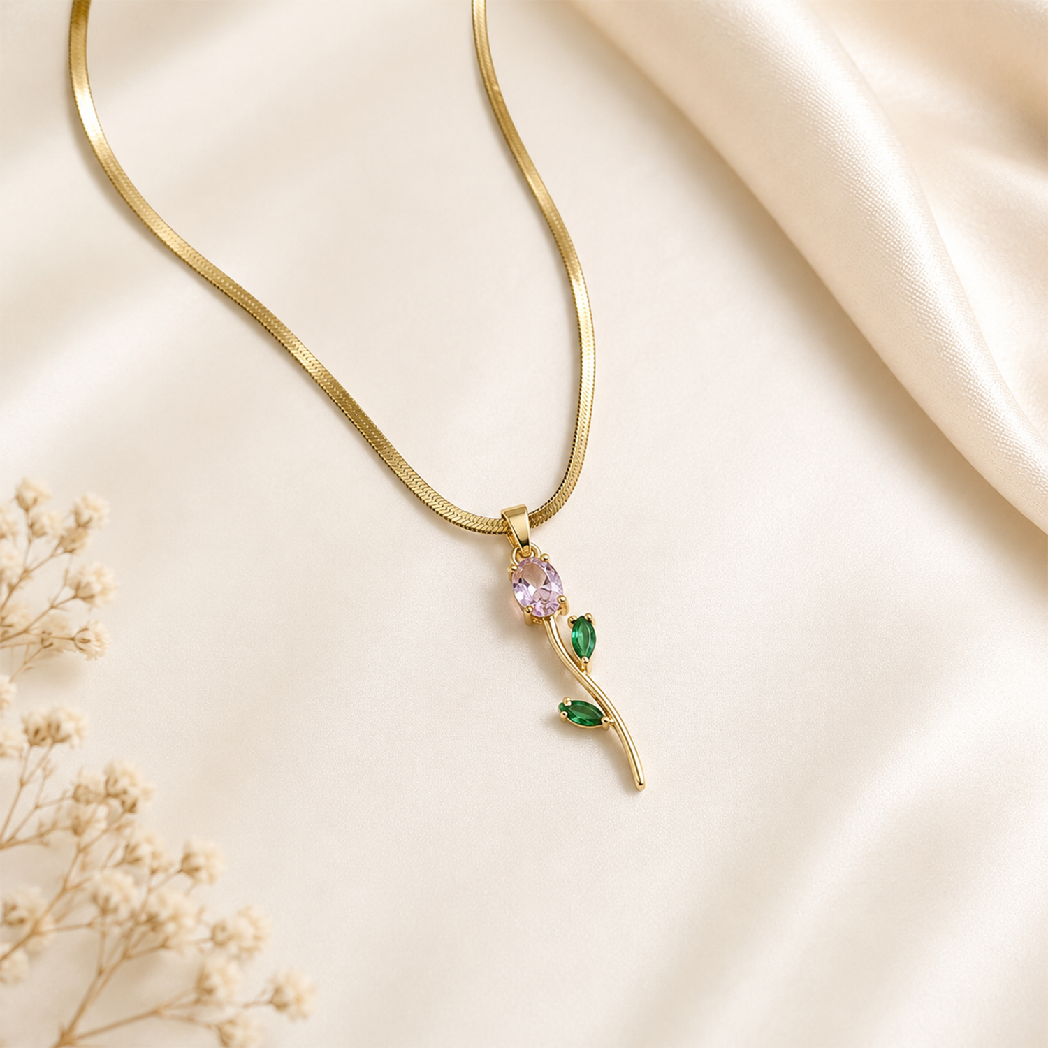 Tulip Teardrop Two Leaf Flower Pendant Necklace For Girls & Women's