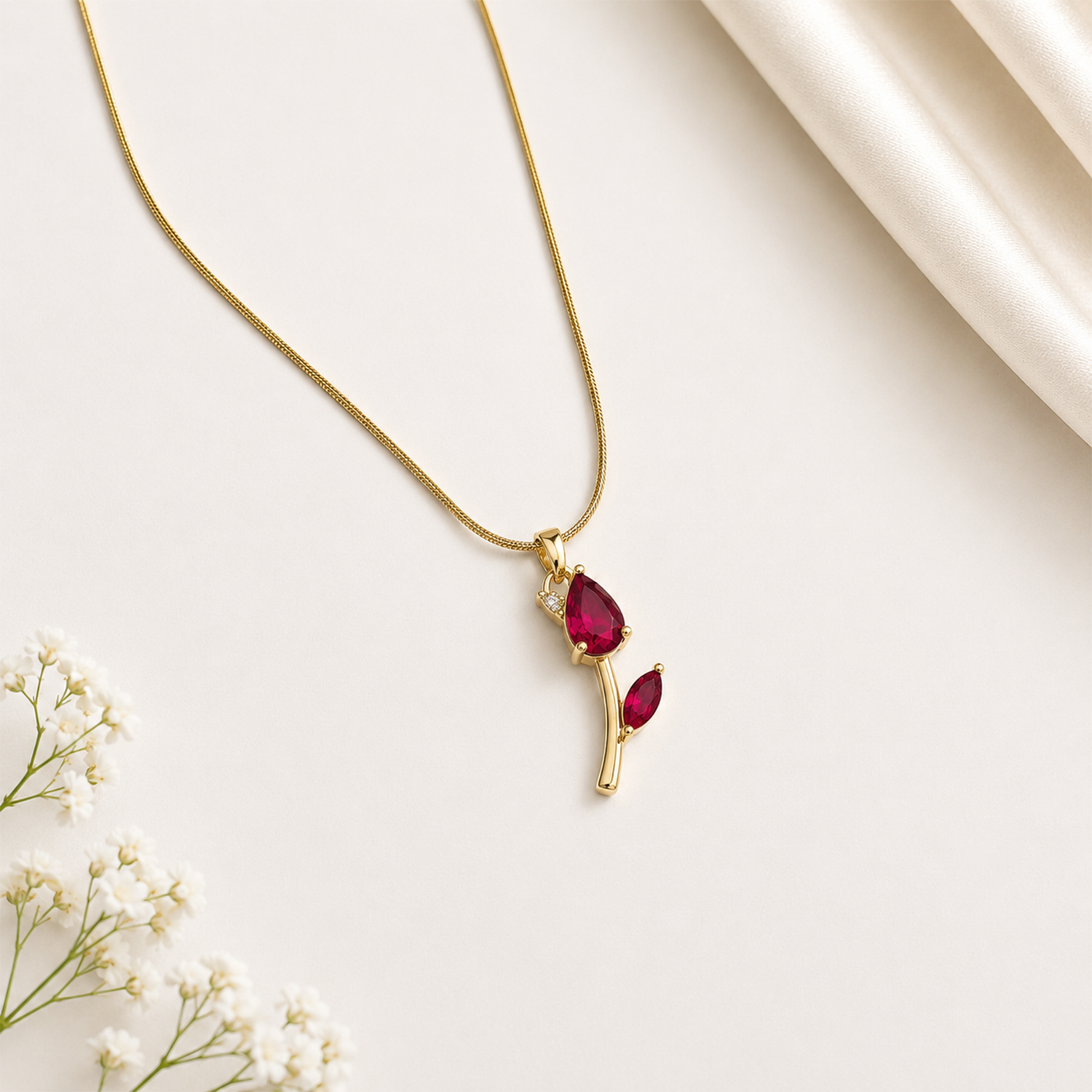 Tulip CZ Teardrop One Leaf Flower Pendant Necklace For Girls & Women's