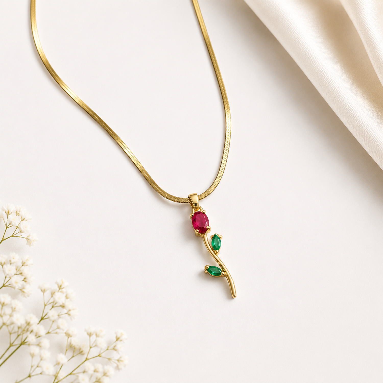 Tulip Teardrop Two Leaf Flower Pendant Necklace For Girls & Women's
