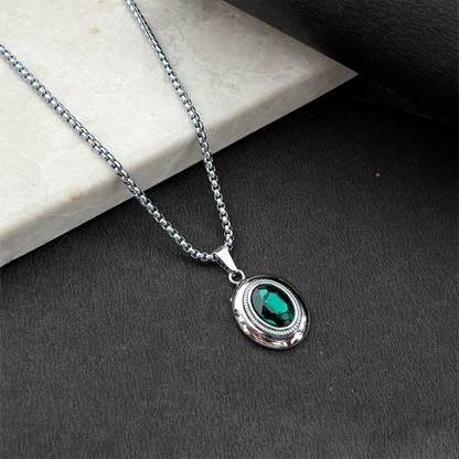 Oval Pendant Necklace with Silver-Tone Link Chain