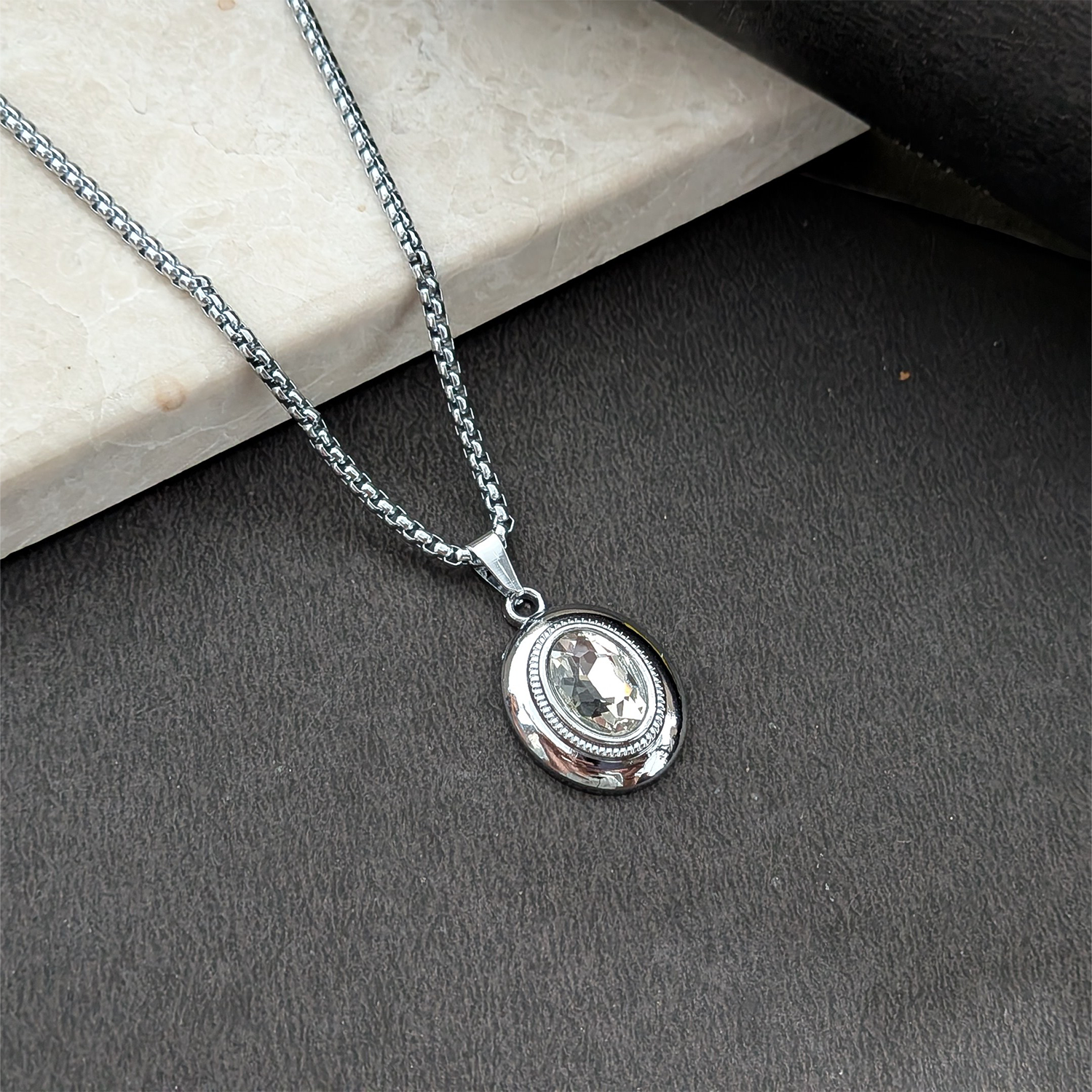 Oval Pendant Necklace with Silver-Tone Link Chain