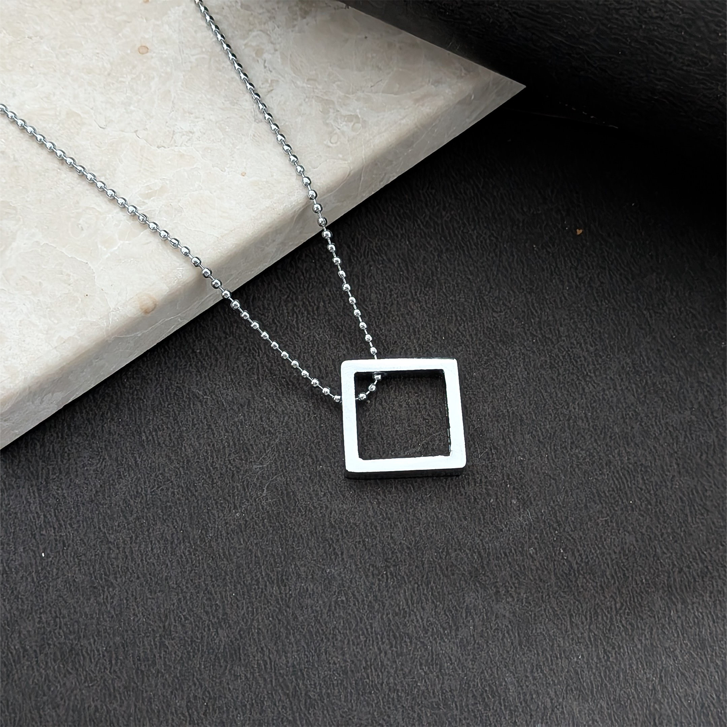 Geometric Square Pendant Necklace with Beaded Chain