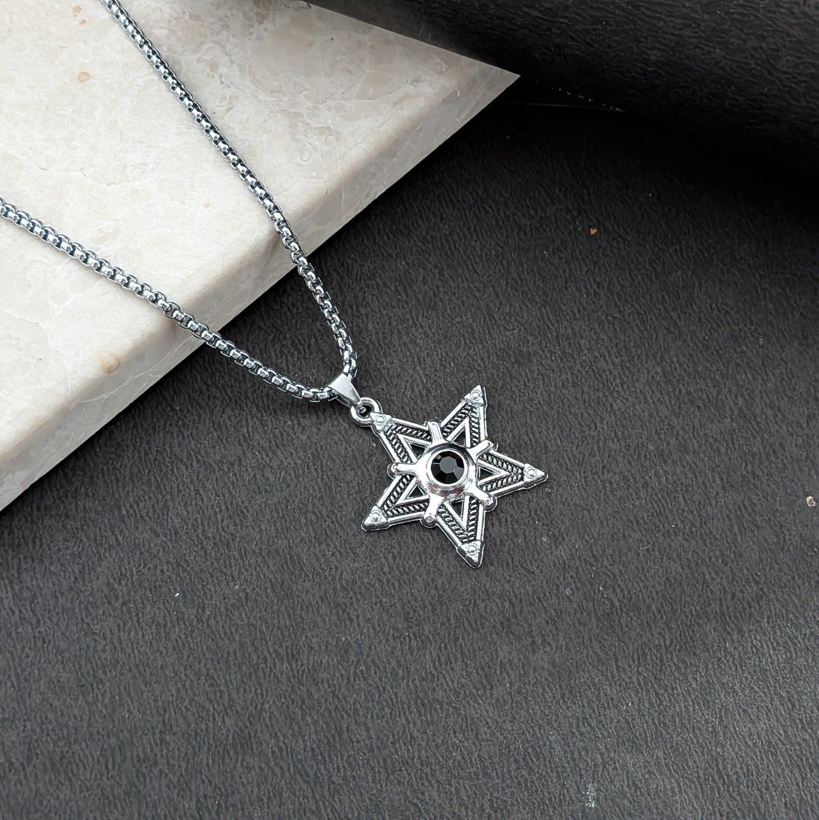 Silver Star Pendant Necklace with Stone for Men & Boys
