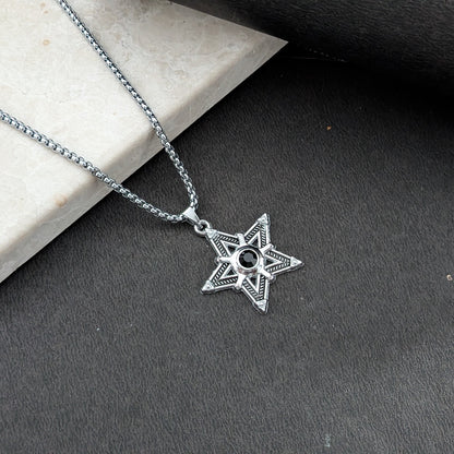 Silver Star Pendant Necklace with Stone for Men & Boys