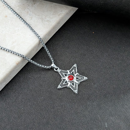 Silver Star Pendant Necklace with Stone for Men & Boys