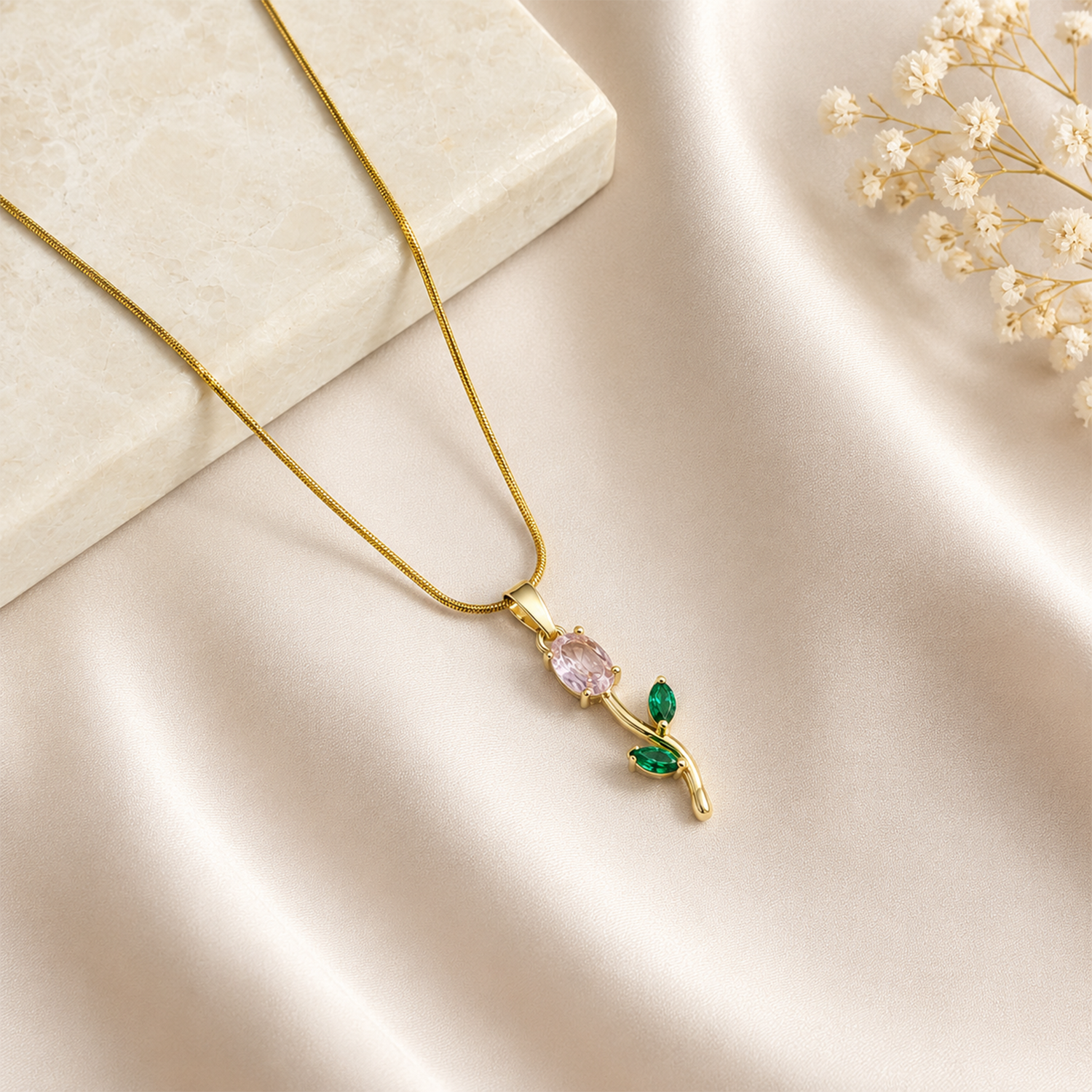 Tulip Two Leaf Floral Pendant Necklace For Girls & Women's