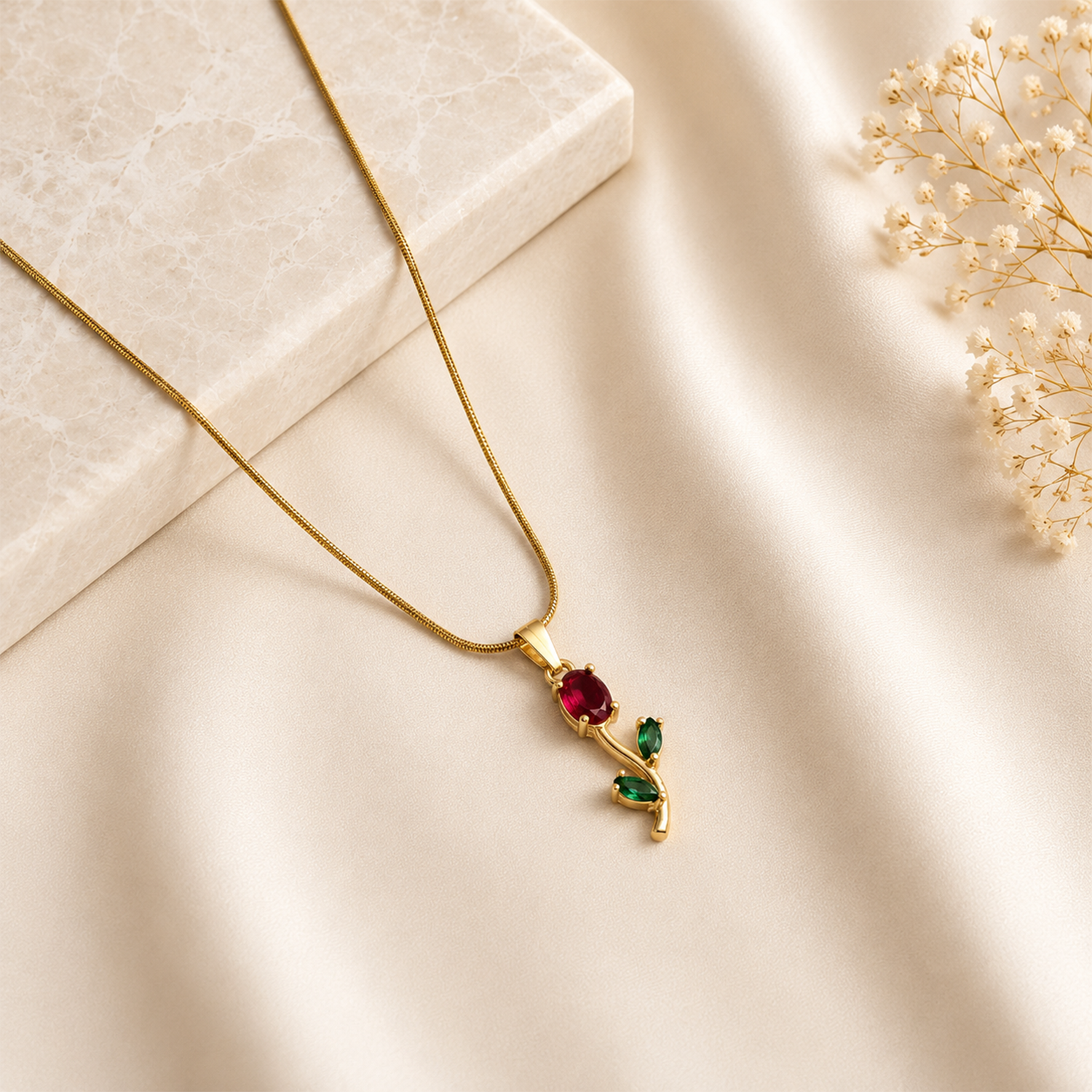 Tulip Two Leaf Floral Pendant Necklace For Girls & Women's