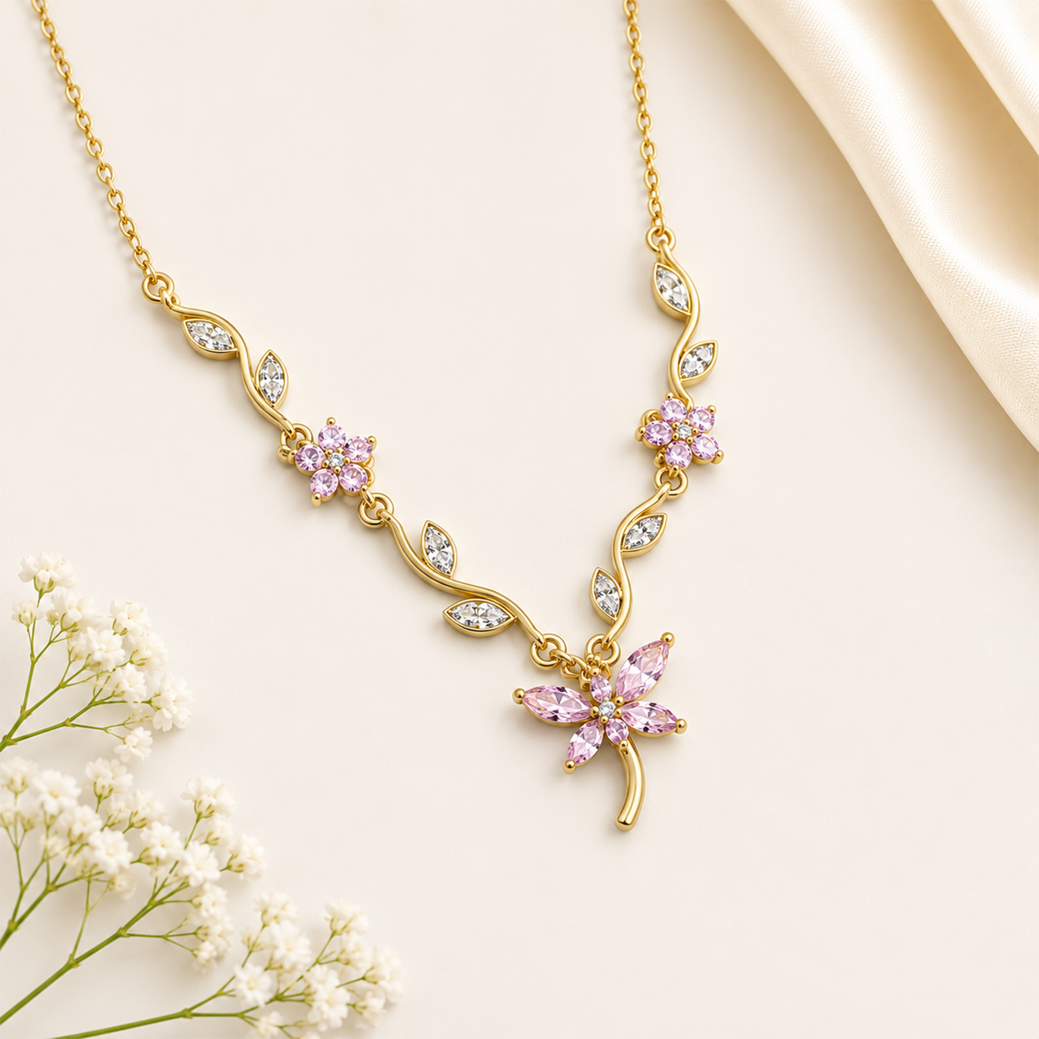 Butterfly Floral CZ Accented Pendant Necklace For Girls & Women's