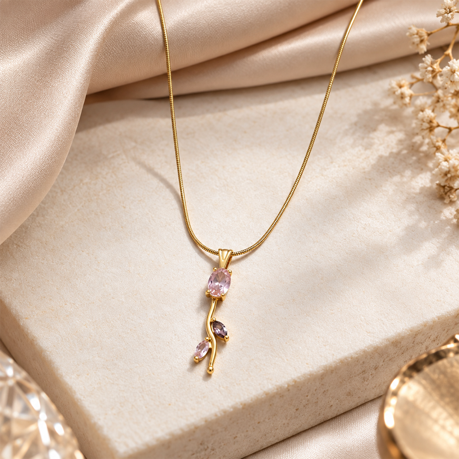 Oval Stone Tulip Pendant Necklace For Girls & Women's