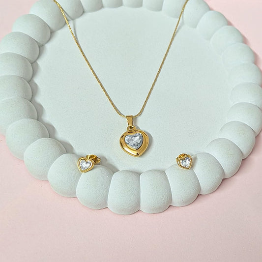 Gold Tone Embedded Crystal Heart Pendant Set for Girls & Women's