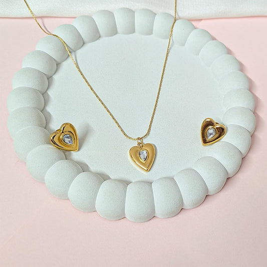 Gold Tone Embedded Dainty Crystal Heart Pendant Set for Girls & Women's