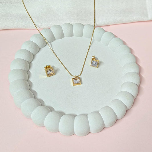 Gold Tone Embedded Square Crystal Heart Pendant Set for Girls & Women's