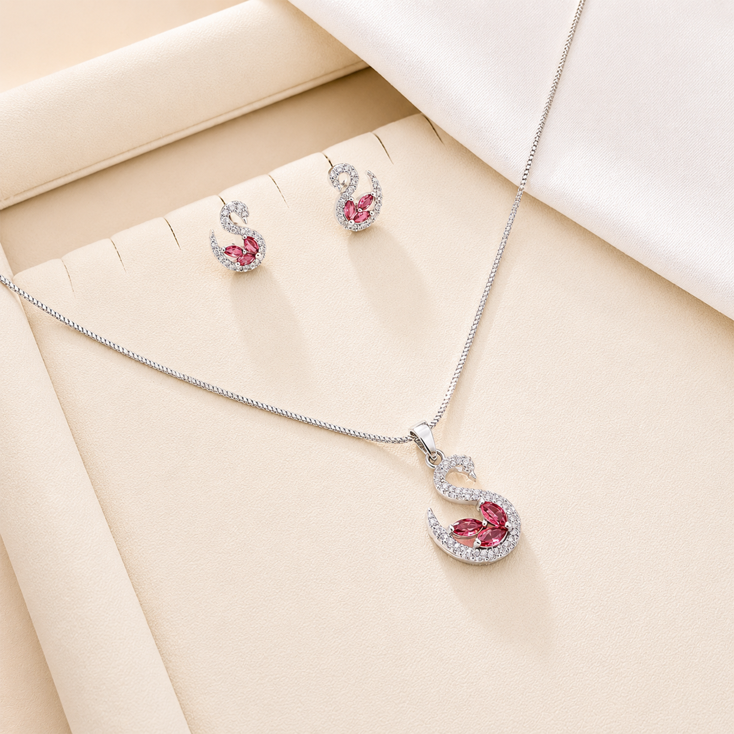 Swan AD Stone Rhodium Finish Pendant Set for Girls & Women's
