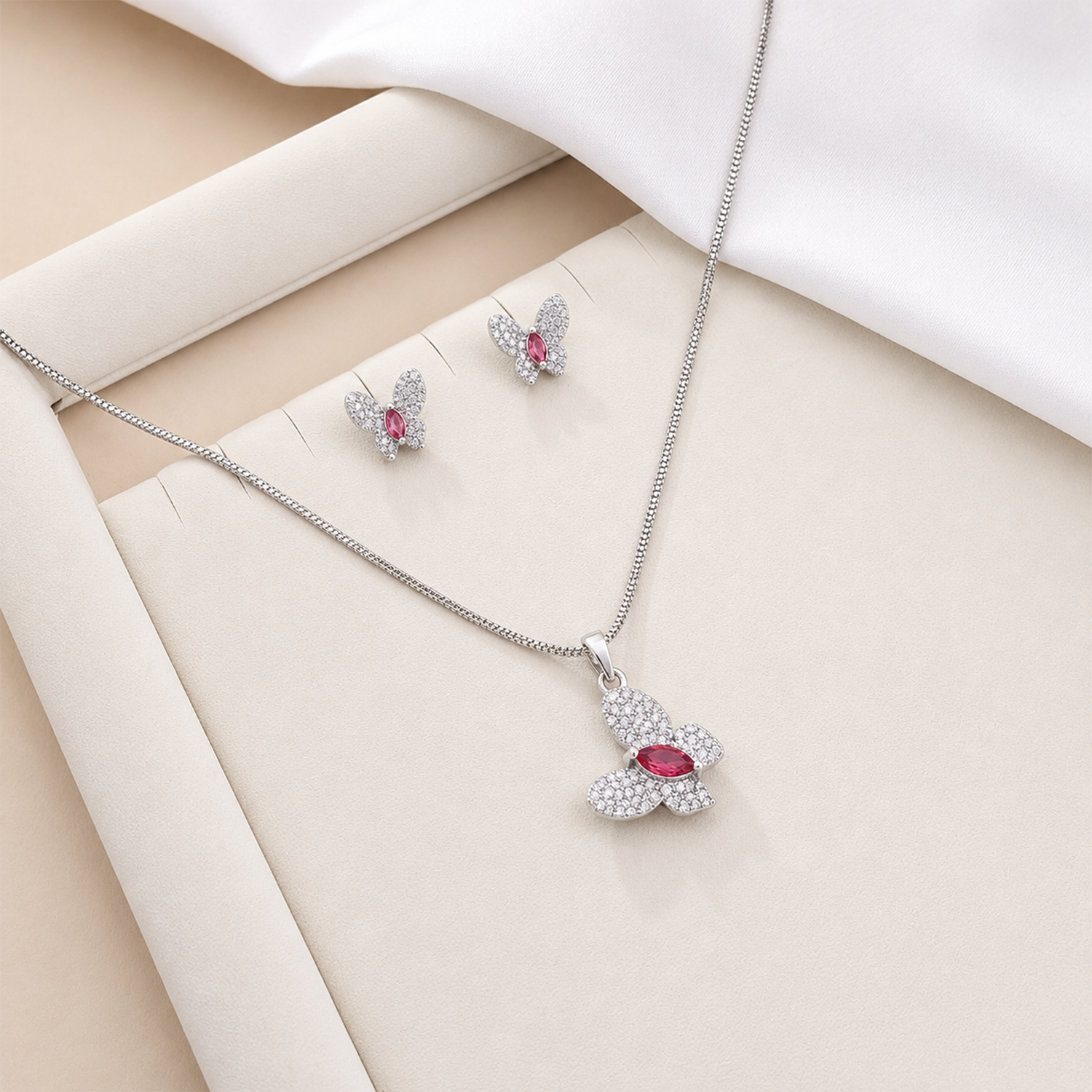 Butterfly AD Stone Rhodium Finish Pendant Set for Girls & Women's