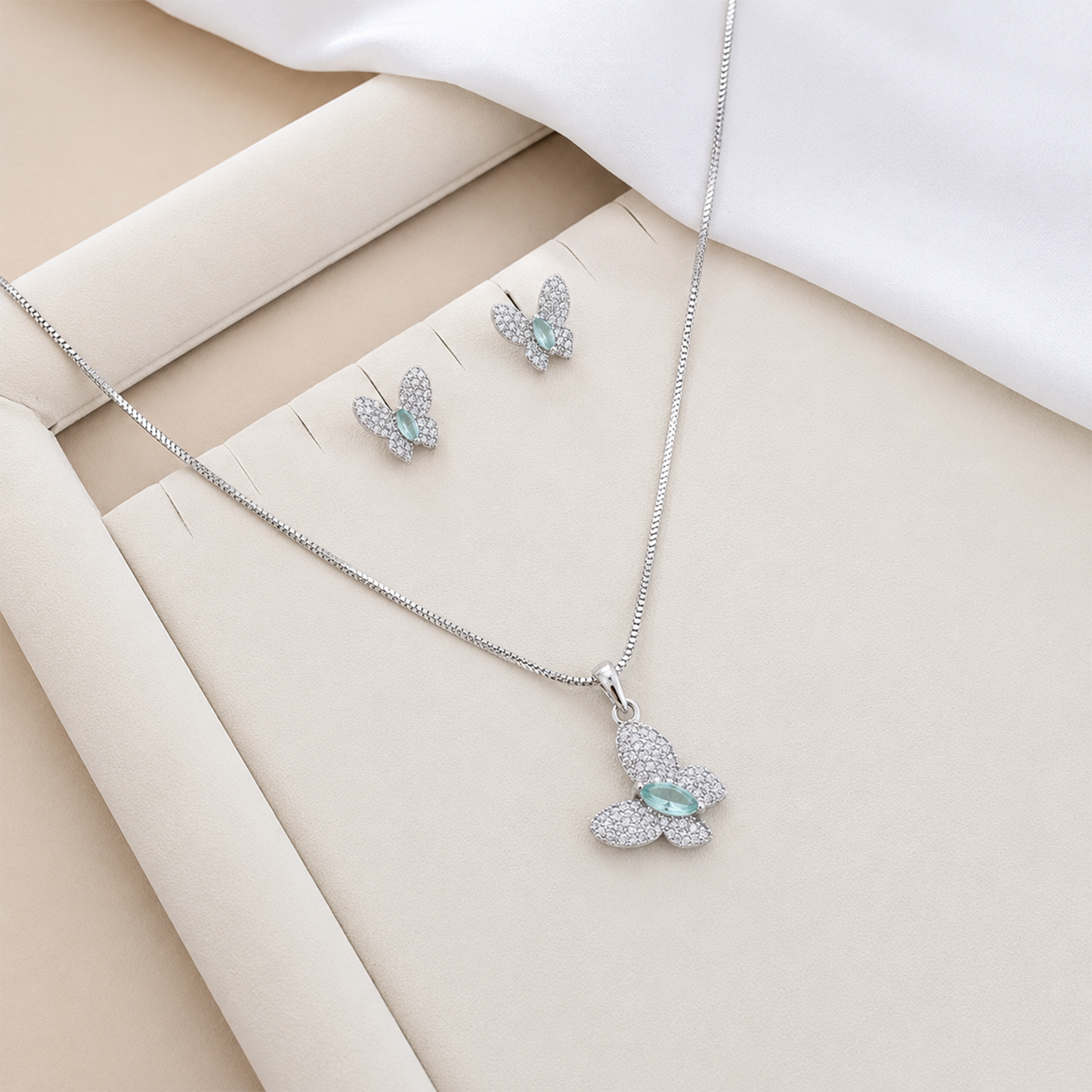 Butterfly AD Stone Rhodium Finish Pendant Set for Girls & Women's