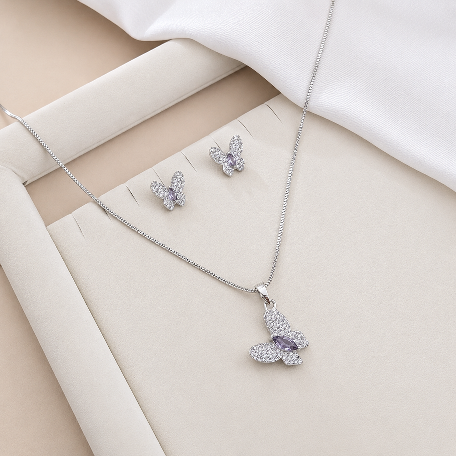 Butterfly AD Stone Rhodium Finish Pendant Set for Girls & Women's