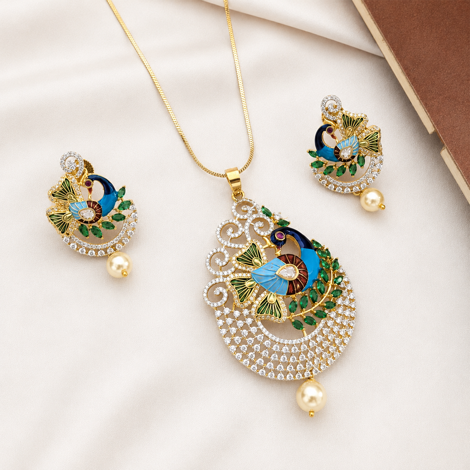 Peacock Majesty AD Stone Pendant Set for Girls & Women's