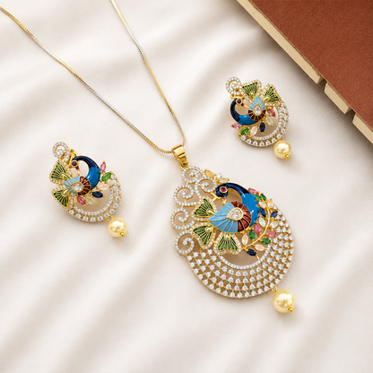 Peacock Majesty AD Stone Pendant Set for Girls & Women's