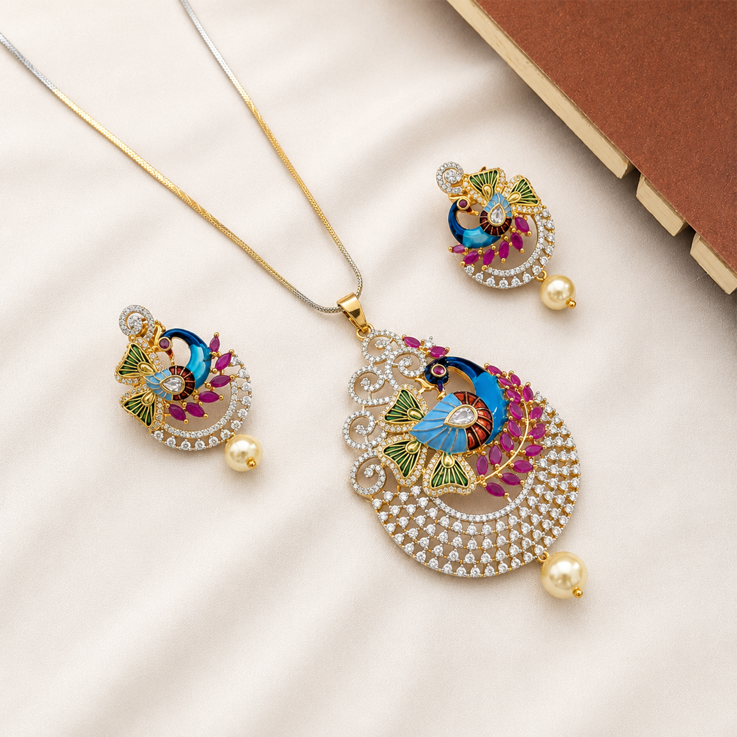 Peacock Majesty AD Stone Pendant Set for Girls & Women's