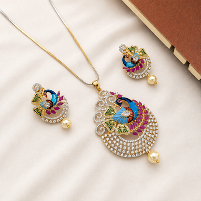 Peacock Majesty AD Stone Pendant Set for Girls & Women's