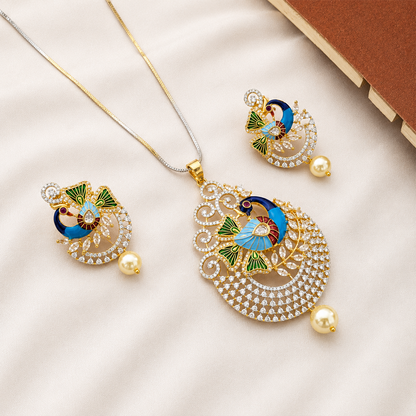 Peacock Majesty AD Stone Pendant Set for Girls & Women's