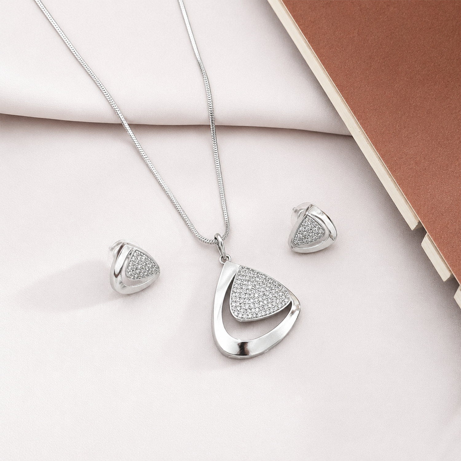 Tyne Triangle CZ Stone Rhodium Finish Pendant Set for Girls & Women's