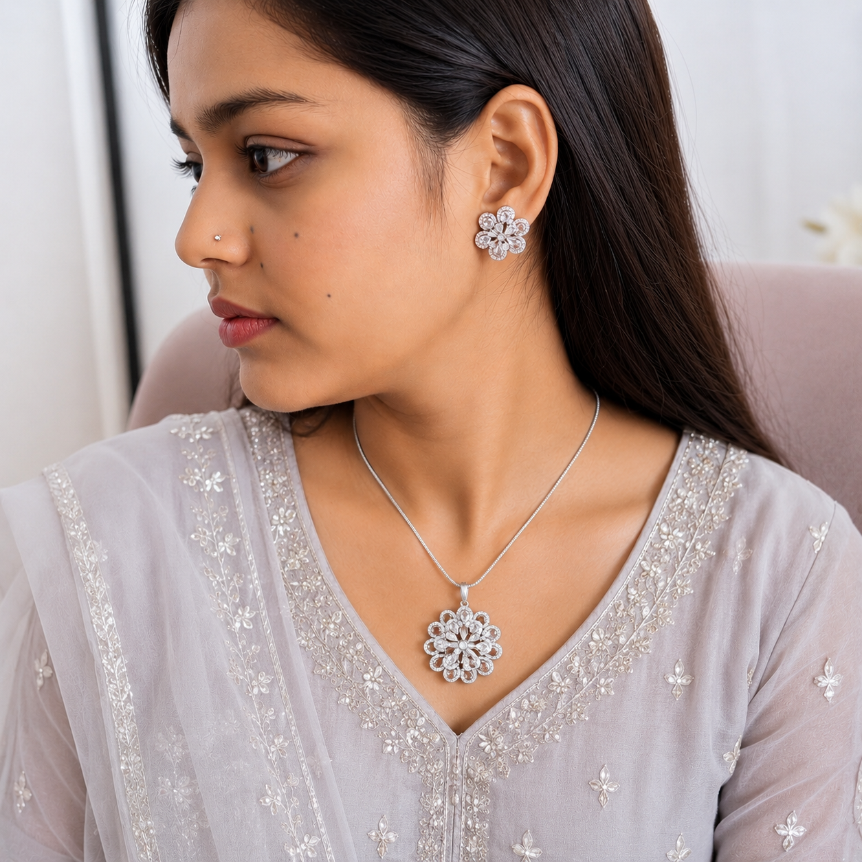 Twilight Blossom Rhodium Finish Pendant Set for Girls & Women's