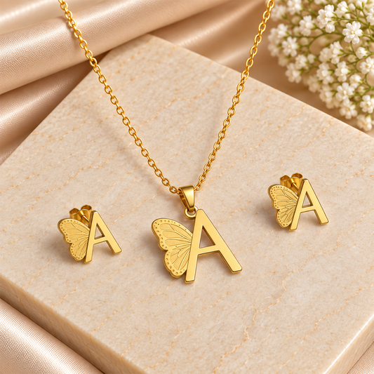 Attached Butterfly With Alphabet Pendant Set for Girl's & Womens