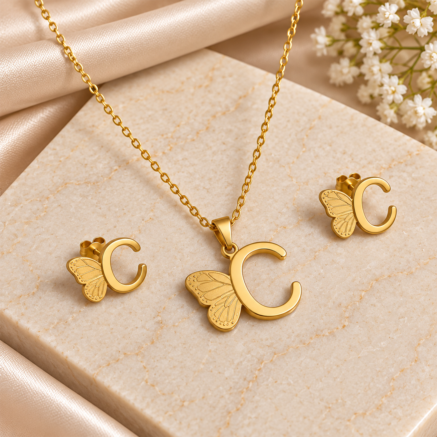 Attached Butterfly With Alphabet Pendant Set for Girl's & Womens