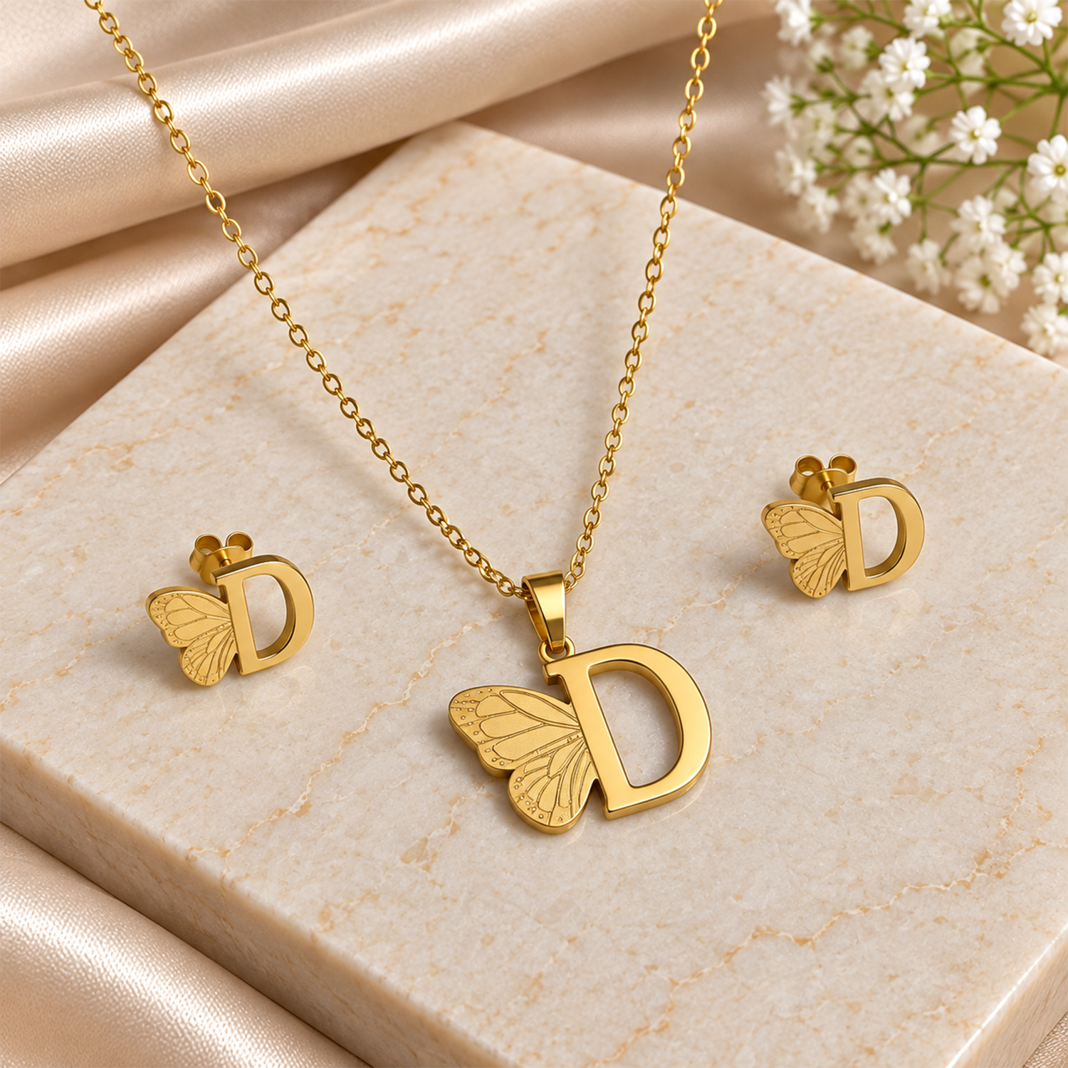 Attached Butterfly With Alphabet Pendant Set for Girl's & Womens