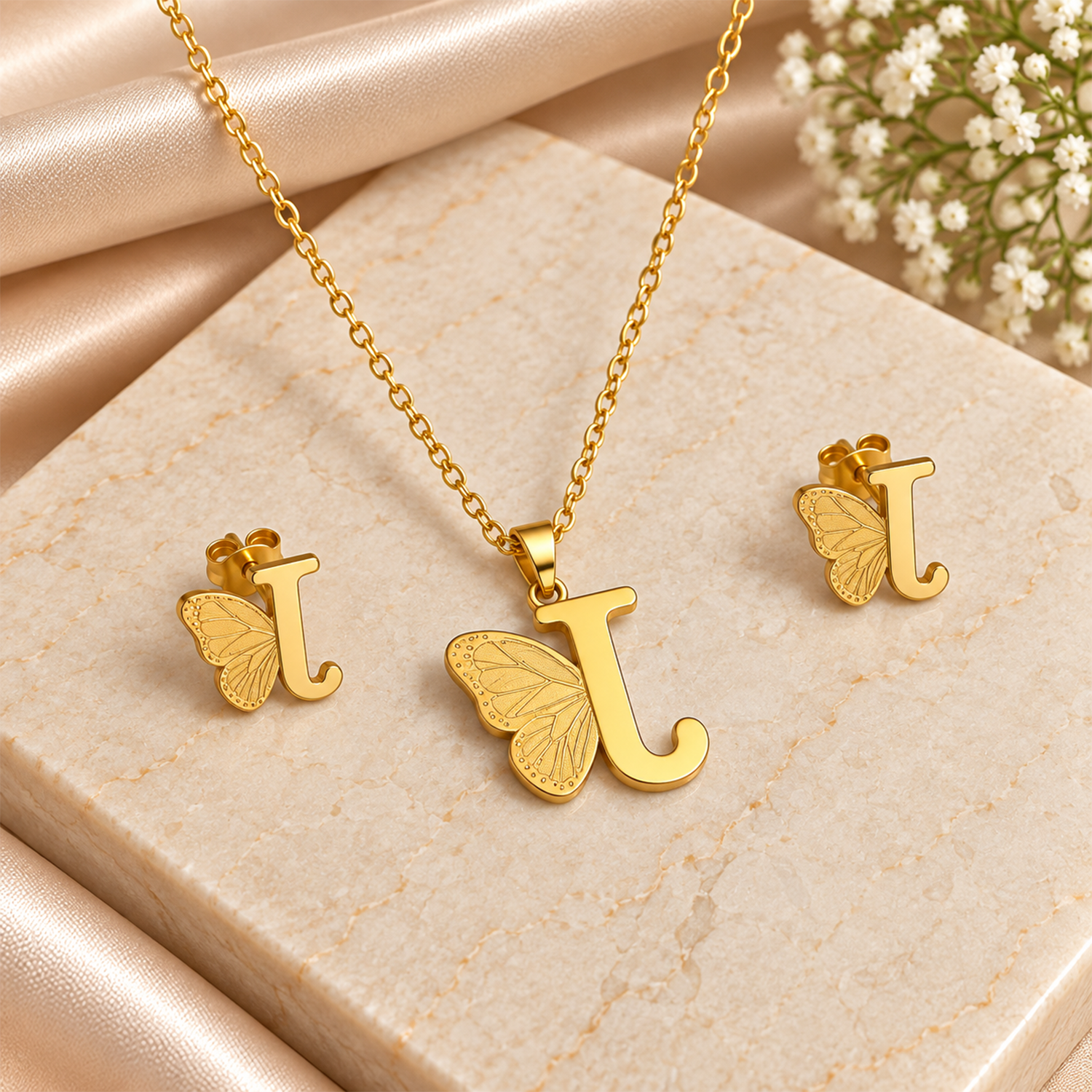 Attached Butterfly With Alphabet Pendant Set for Girl's & Womens
