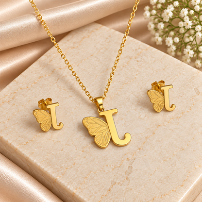 Attached Butterfly With Alphabet Pendant Set for Girl's & Womens