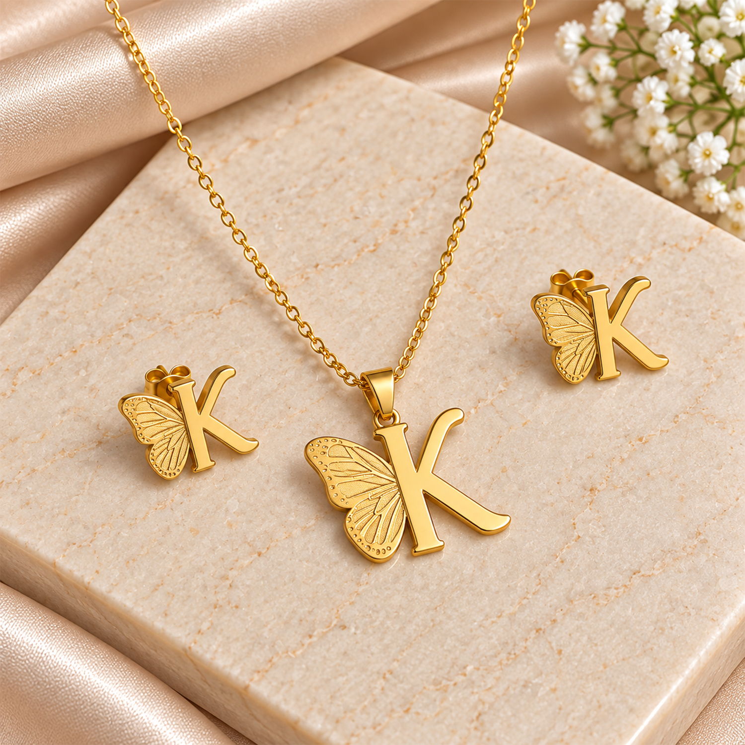 Attached Butterfly With Alphabet Pendant Set for Girl's & Womens