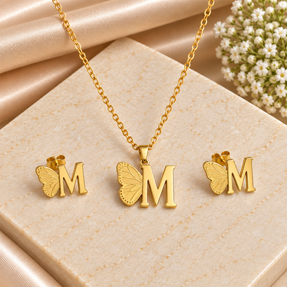 Attached Butterfly With Alphabet Pendant Set for Girl's & Womens