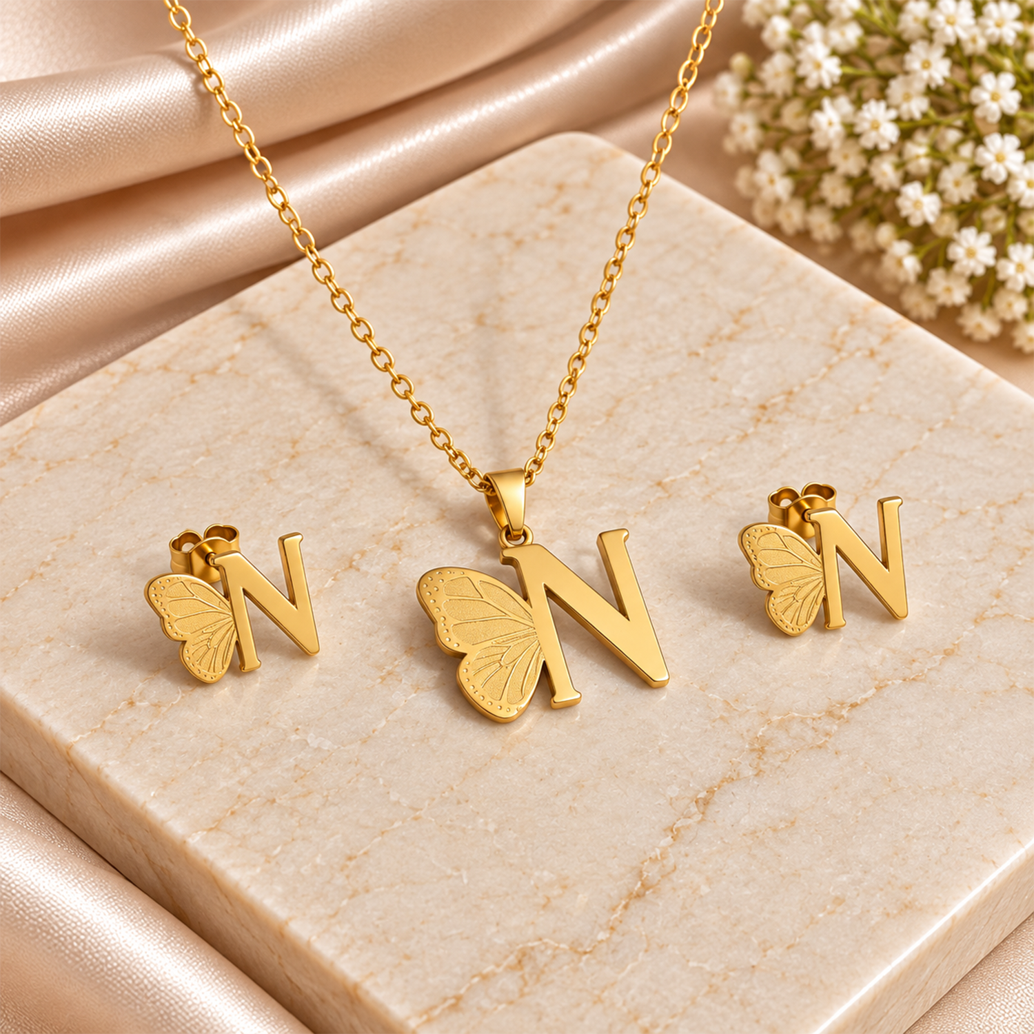 Attached Butterfly With Alphabet Pendant Set for Girl's & Womens